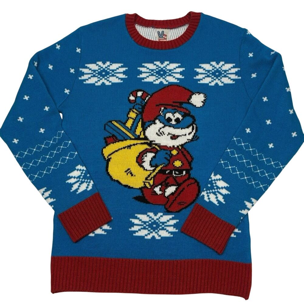 The Smurfs Ugly Christmas Sweater Papa Smurf Santa Fair Isle Holiday Sweater M